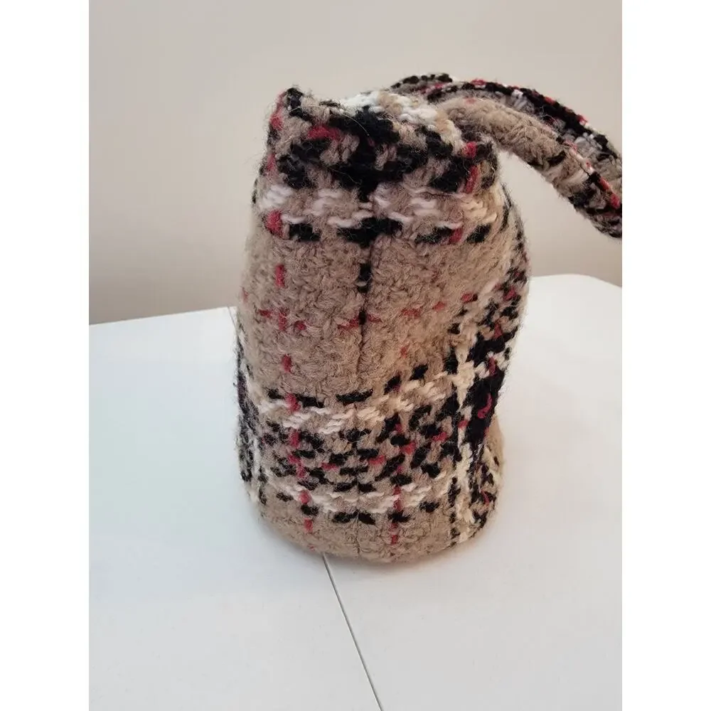 Branigan Weavers Ireland Woven Wool Tote Tan Black Red White Tartan Plaid Bag